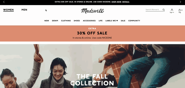 website navigation: Madewell nav links appear with underline on hover